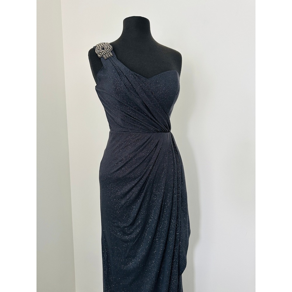 Xscape Evening‎ Dress 6 One Shoulder Navy Blue Glitter Gown Ruched Formal Prom - Picture 3 of 11